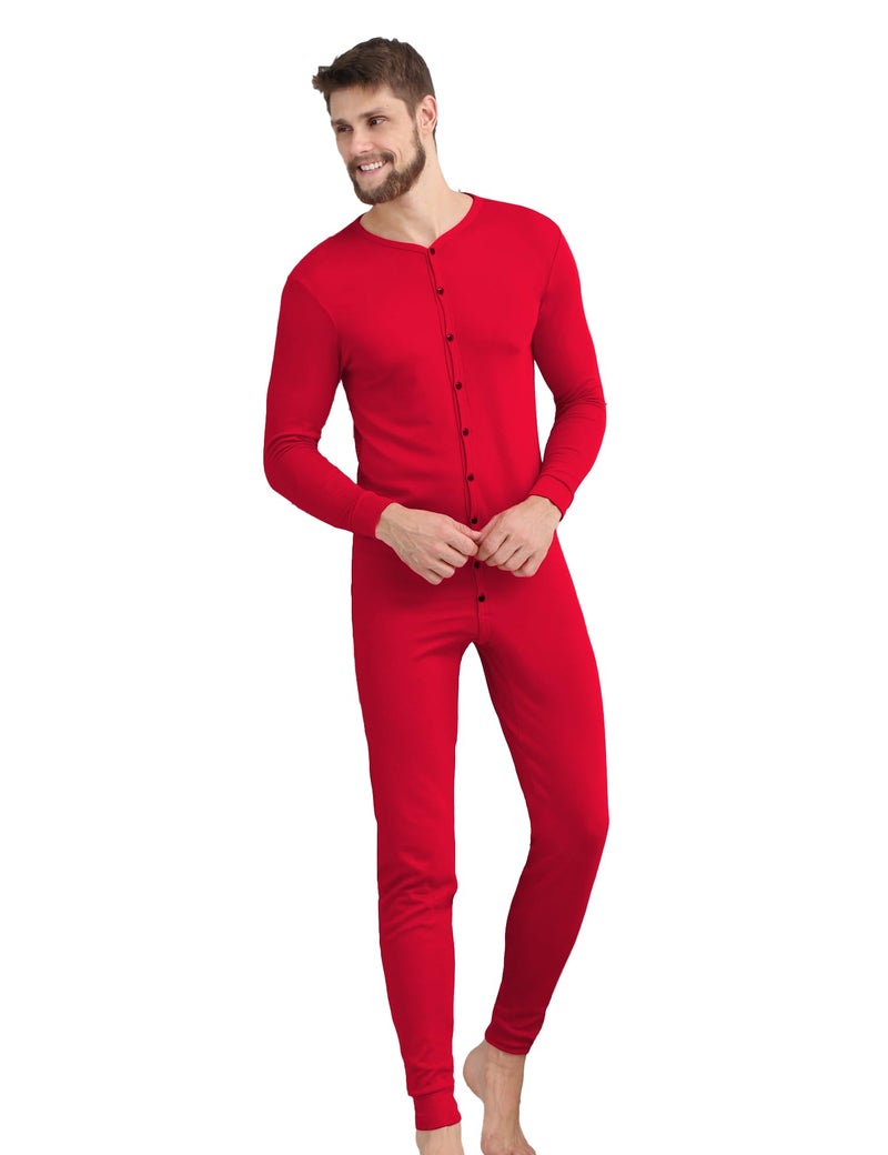 COLORFULLEAF Men's Cotton Thermal Underwear Union Suits Henley Onesies Base Layer (Red, L) - Image 3